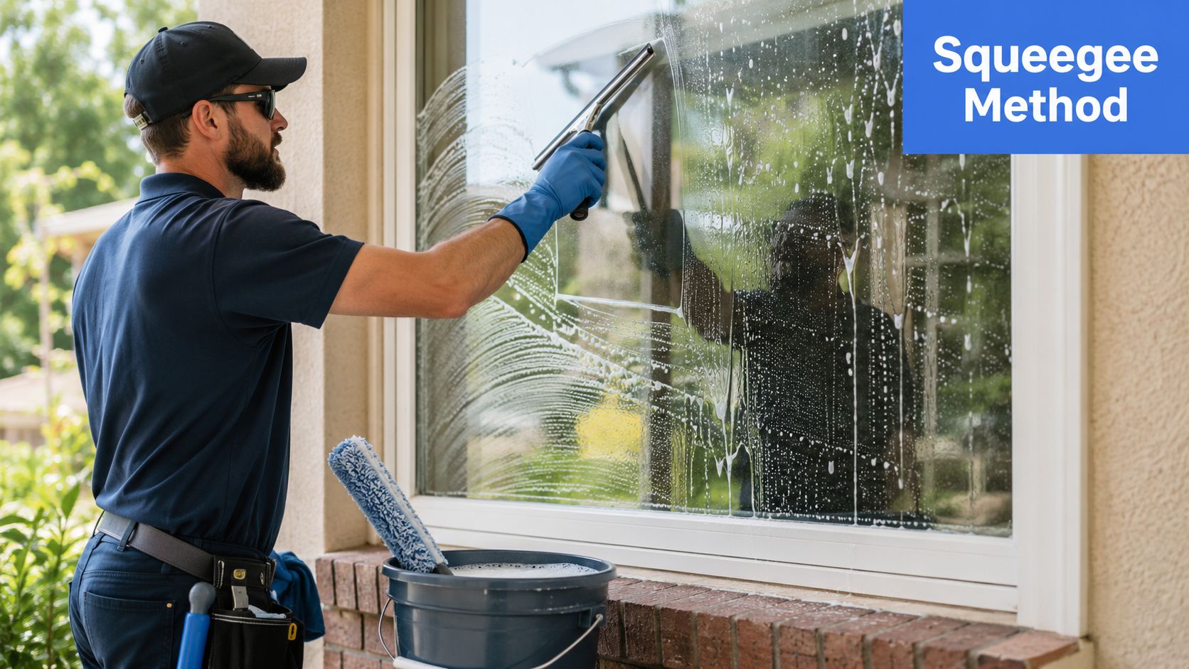 A professional cleaner uses a squeegee to wipe soapy water off a residential window pane.