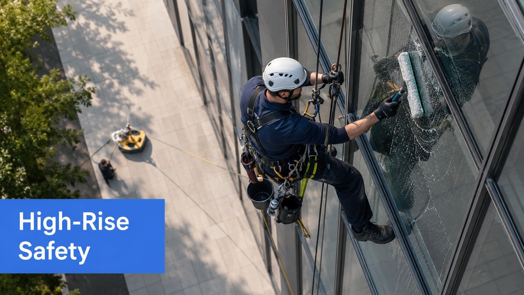 A professional window cleaner in safety gear hanging from ropes to clean a modern office skyscraper building.