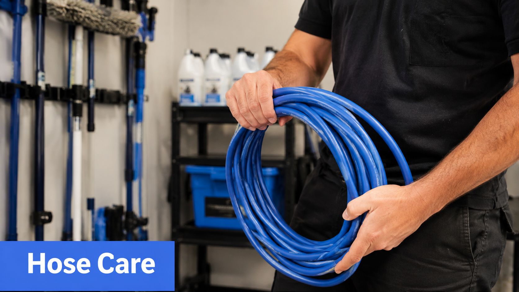 A worker in a black uniform holds a coiled blue window washing hose in a utility room.