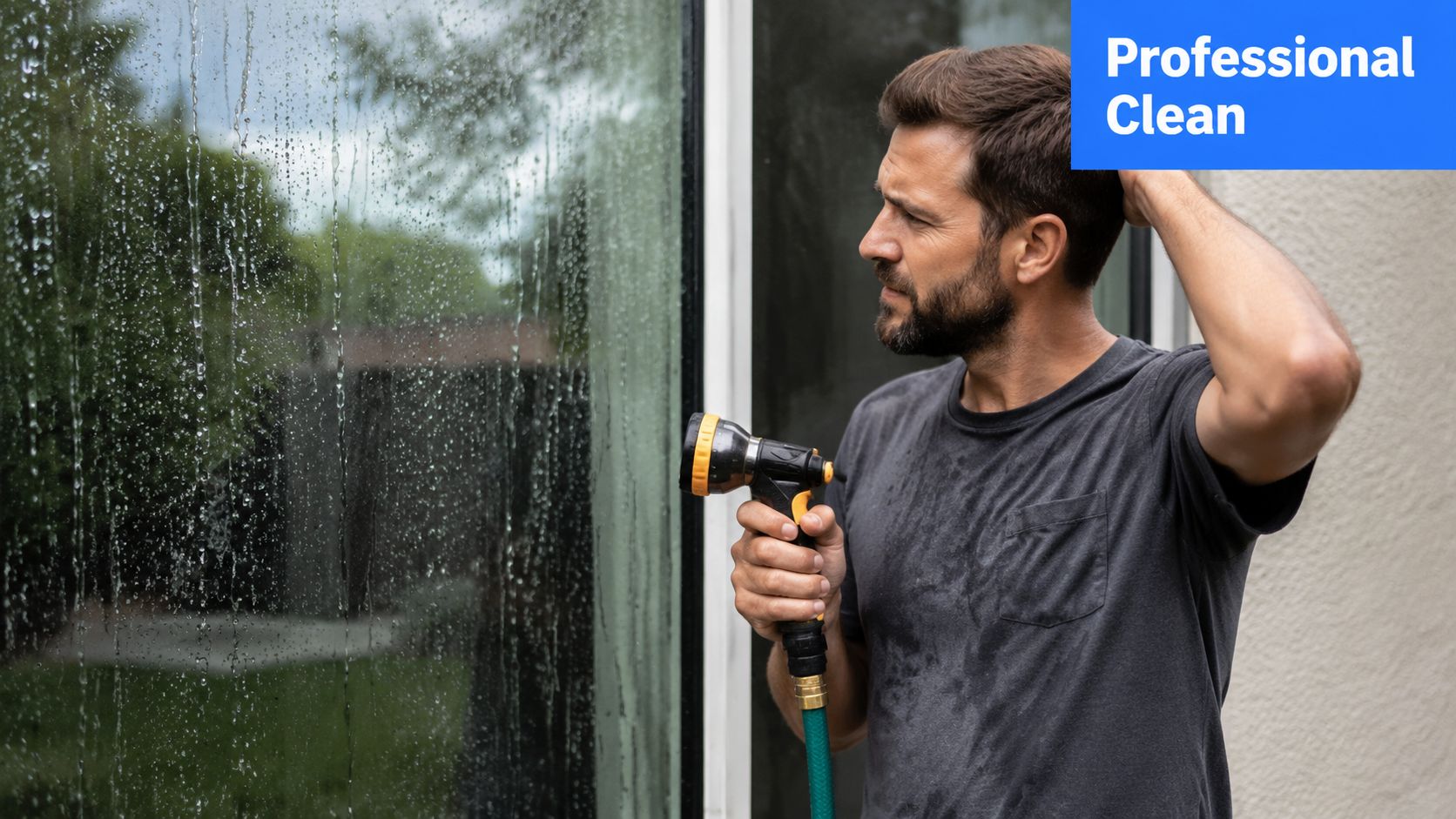 A man using a garden hose nozzle to clean a large glass window outside his home.