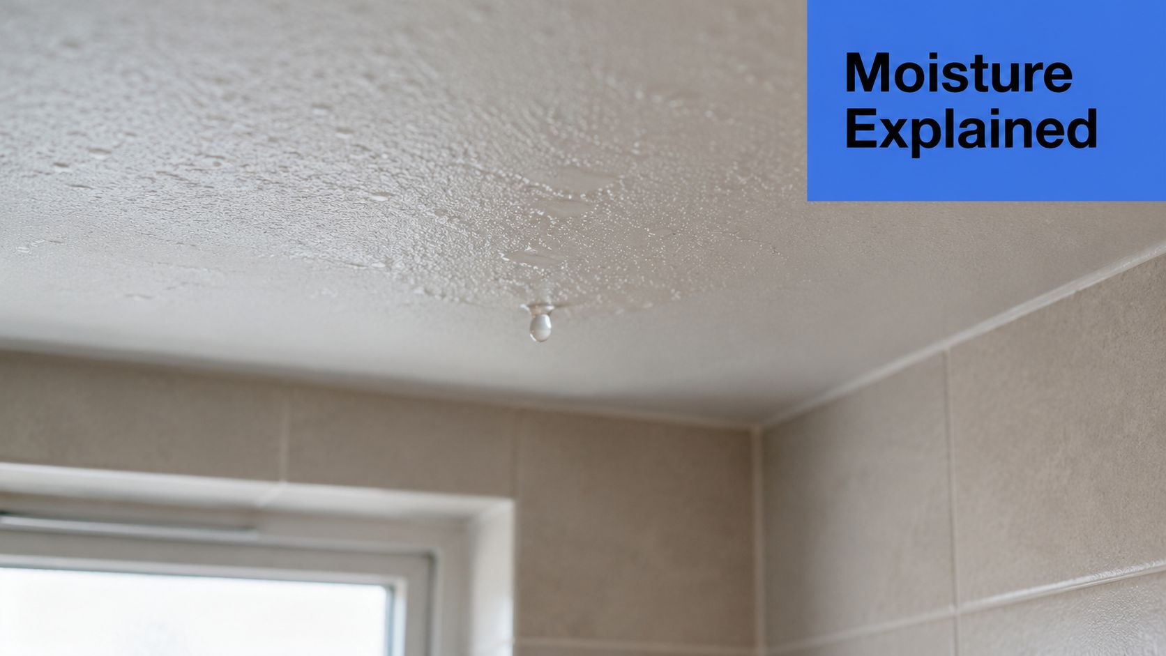 A close-up view of a bathroom ceiling with condensation droplets forming and one drop falling.
