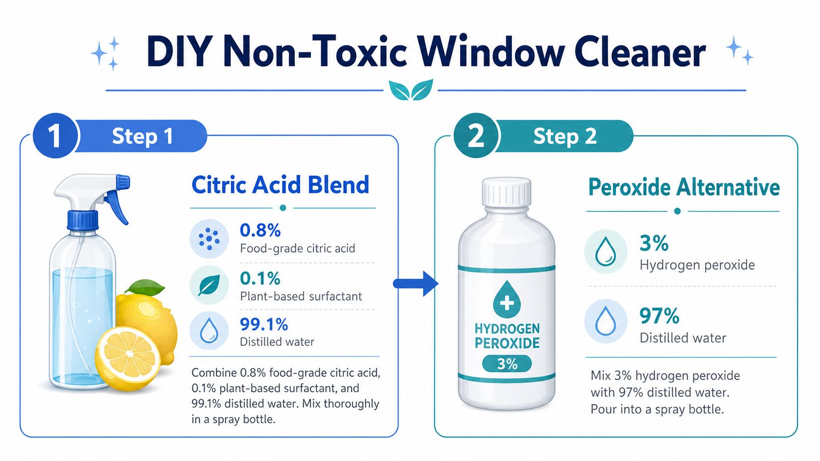 An infographic showing two recipes for DIY non-toxic window cleaners using citric acid or hydrogen peroxide.