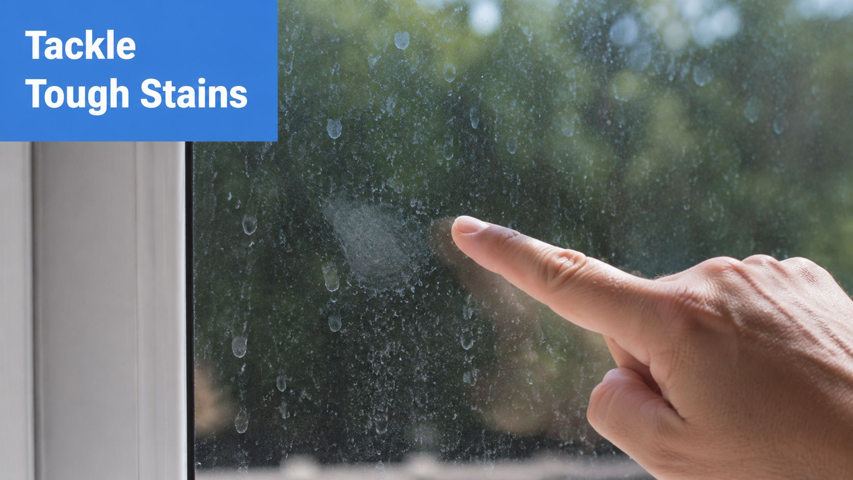 A close-up view of a finger pointing at water spots on a dirty glass window pane.