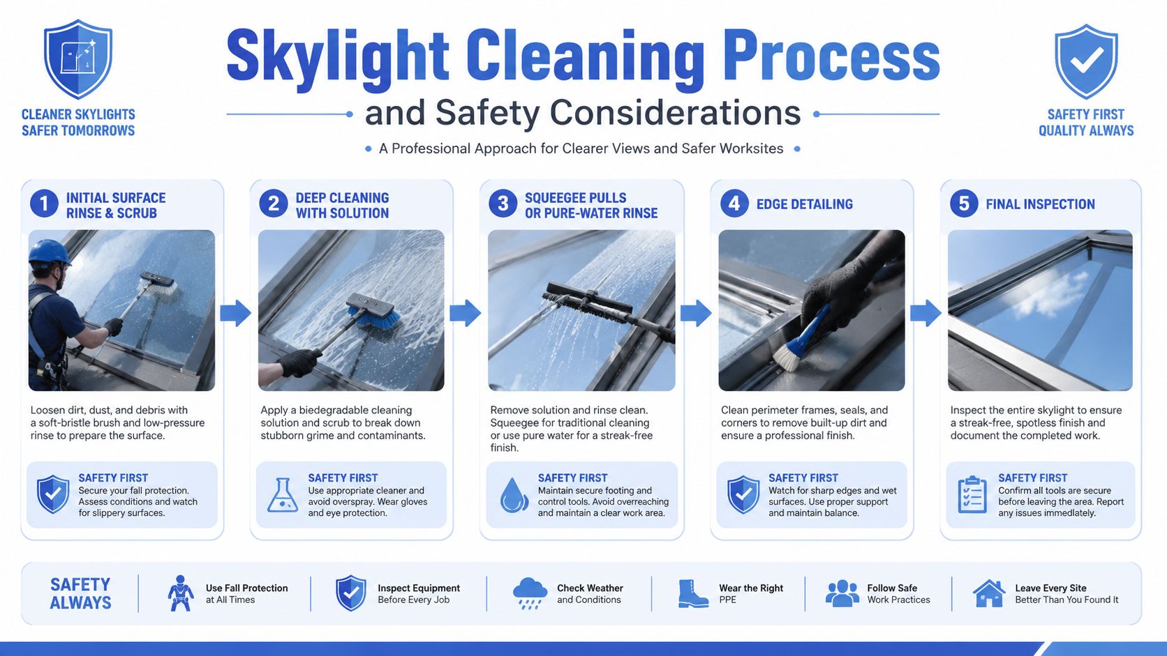 A step-by-step professional infographic detailing the five-stage skylight cleaning process and important safety considerations.