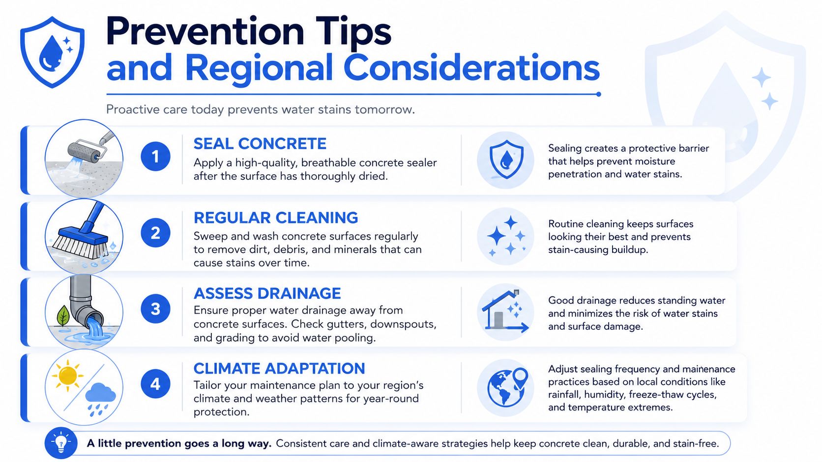 An infographic titled Prevention Tips and Regional Considerations, offering advice on how to prevent water stains on concrete.
