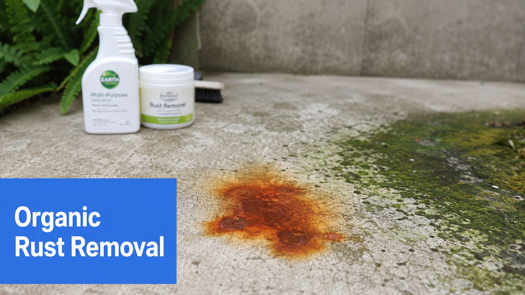 A spray bottle and a container of rust remover on concrete next to a rust stain.