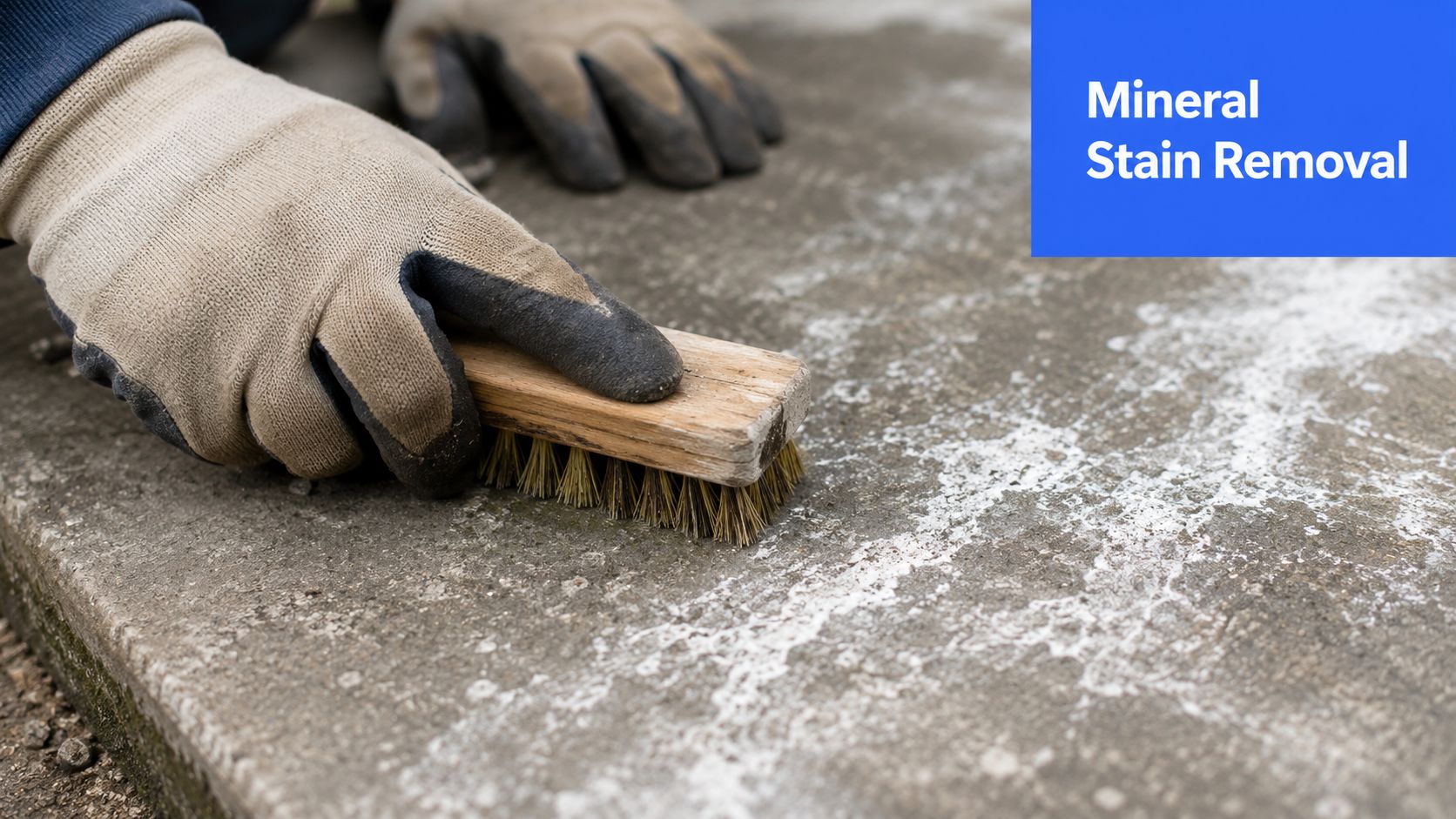 A person wearing protective work gloves scrubbing white mineral stains off a concrete surface with a brush.