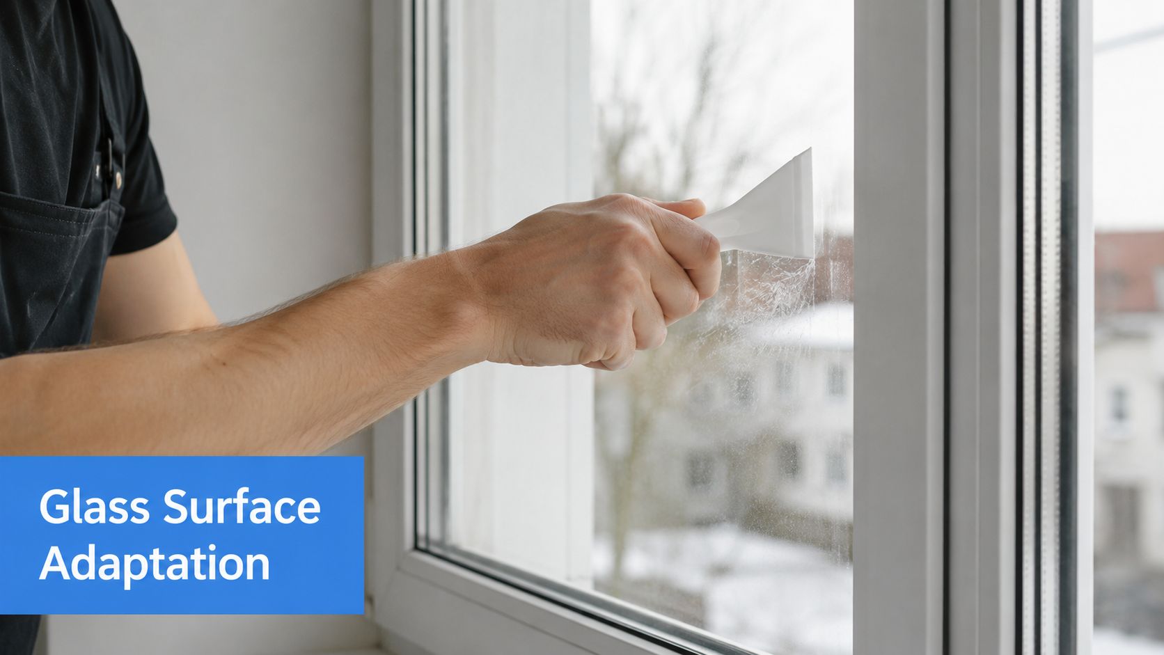 A close-up of a person using a white plastic scraper to remove a sticker from a glass window.
