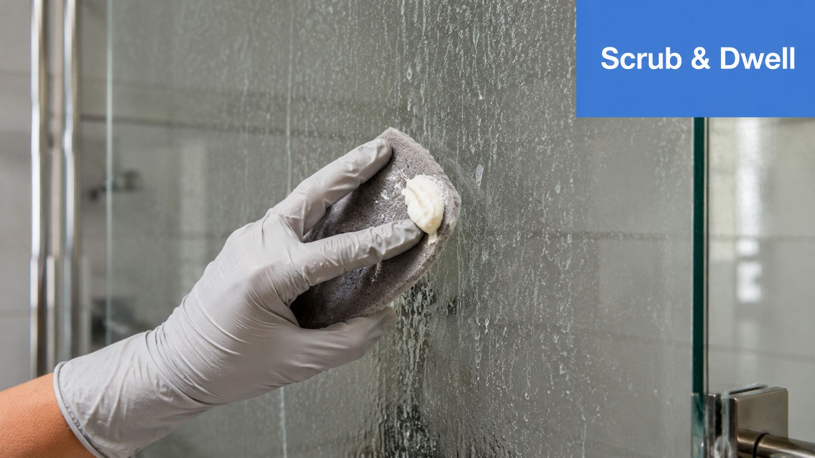 A person wearing a protective glove scrubs a glass shower door with a cleaning sponge and cream.
