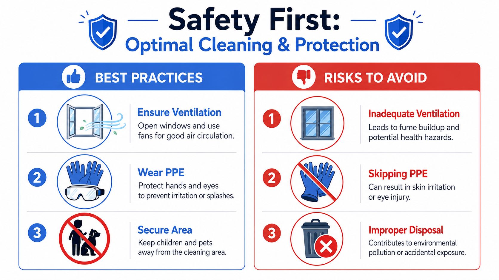 A safety infographic illustrating best cleaning practices, including ventilation, wearing protective gear, and keeping pets and children away.