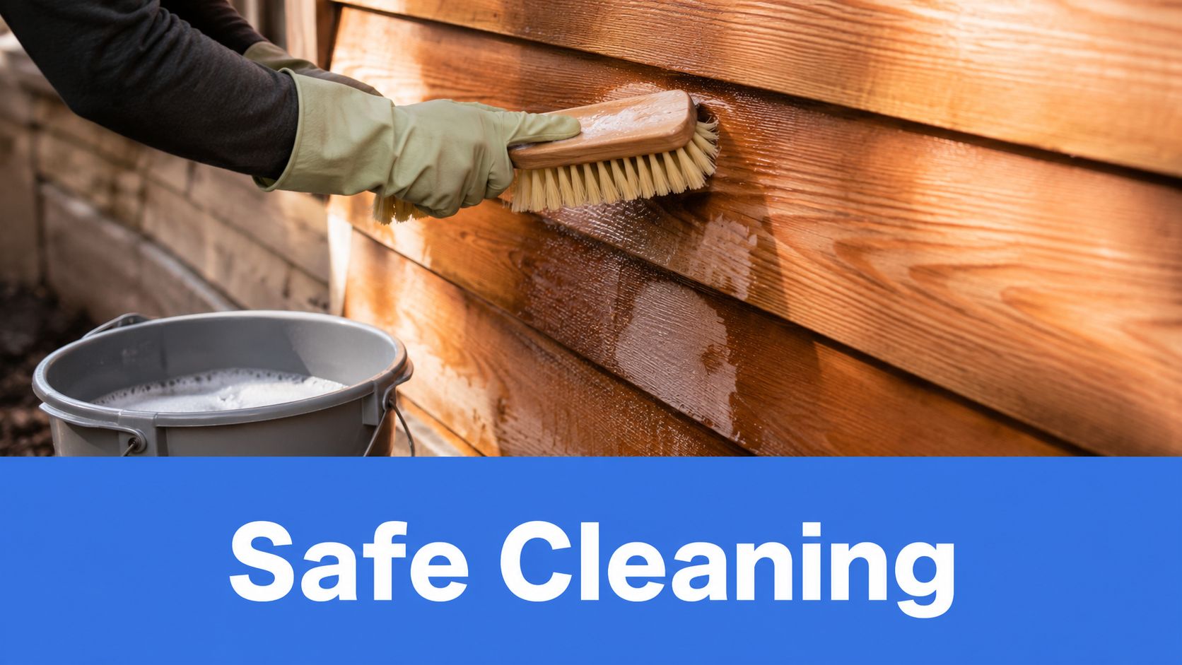 A person wearing protective gloves cleaning wooden cedar siding with a brush and a soapy bucket.