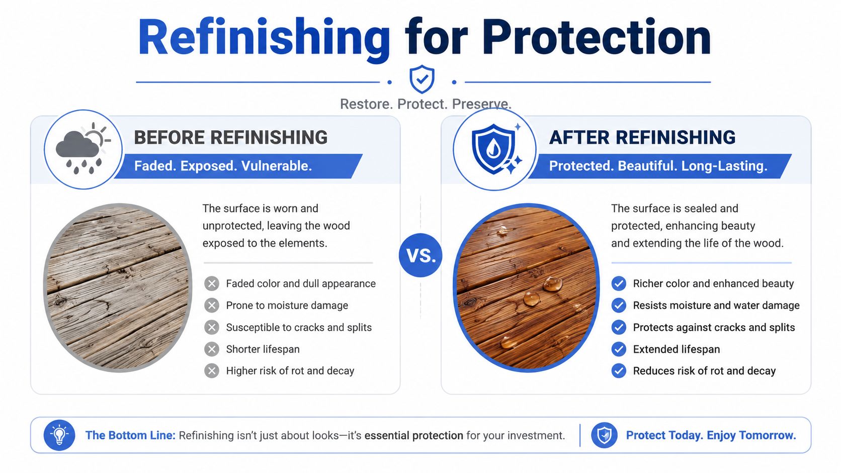 A comparison infographic showing wood deck surfaces before and after protective refinishing to prevent damage and decay.