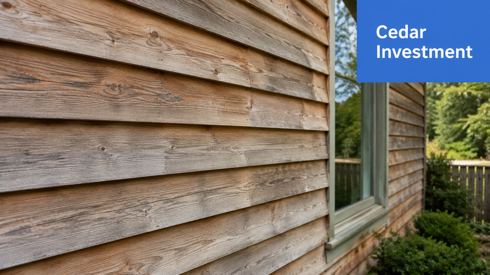 A close-up view of weathered wooden cedar siding on the exterior wall of a modern home.