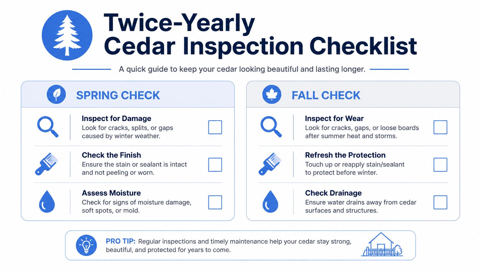 A checklist infographic detailing essential spring and fall cedar maintenance tasks to ensure durability and aesthetic appeal.