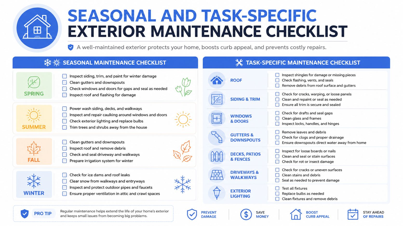 A comprehensive seasonal and task-specific checklist for maintaining the exterior of your residential home throughout the year.
