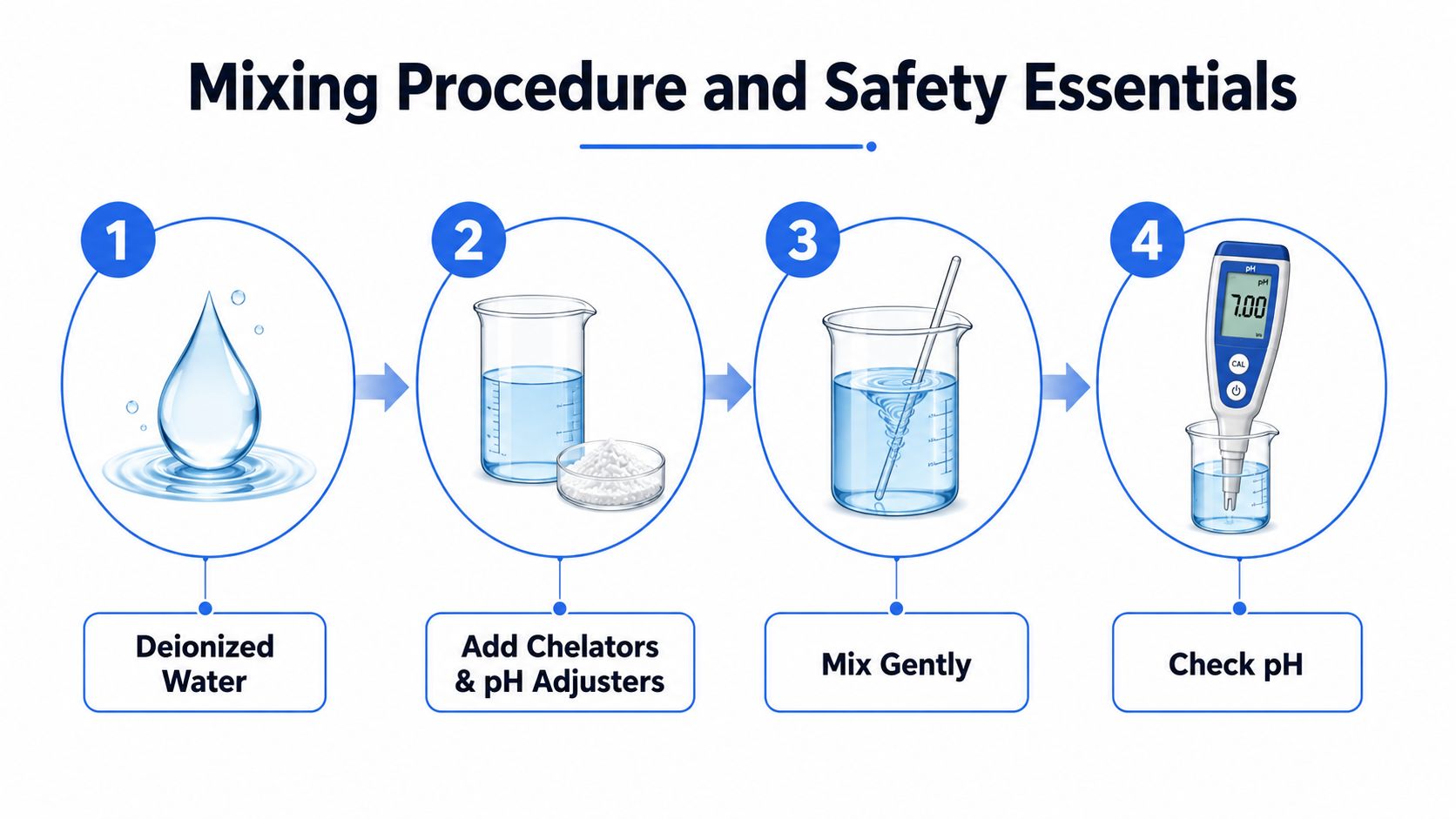 A four-step infographic illustrating the mixing procedure and safety essentials for chemical formulation in laboratory glassware.