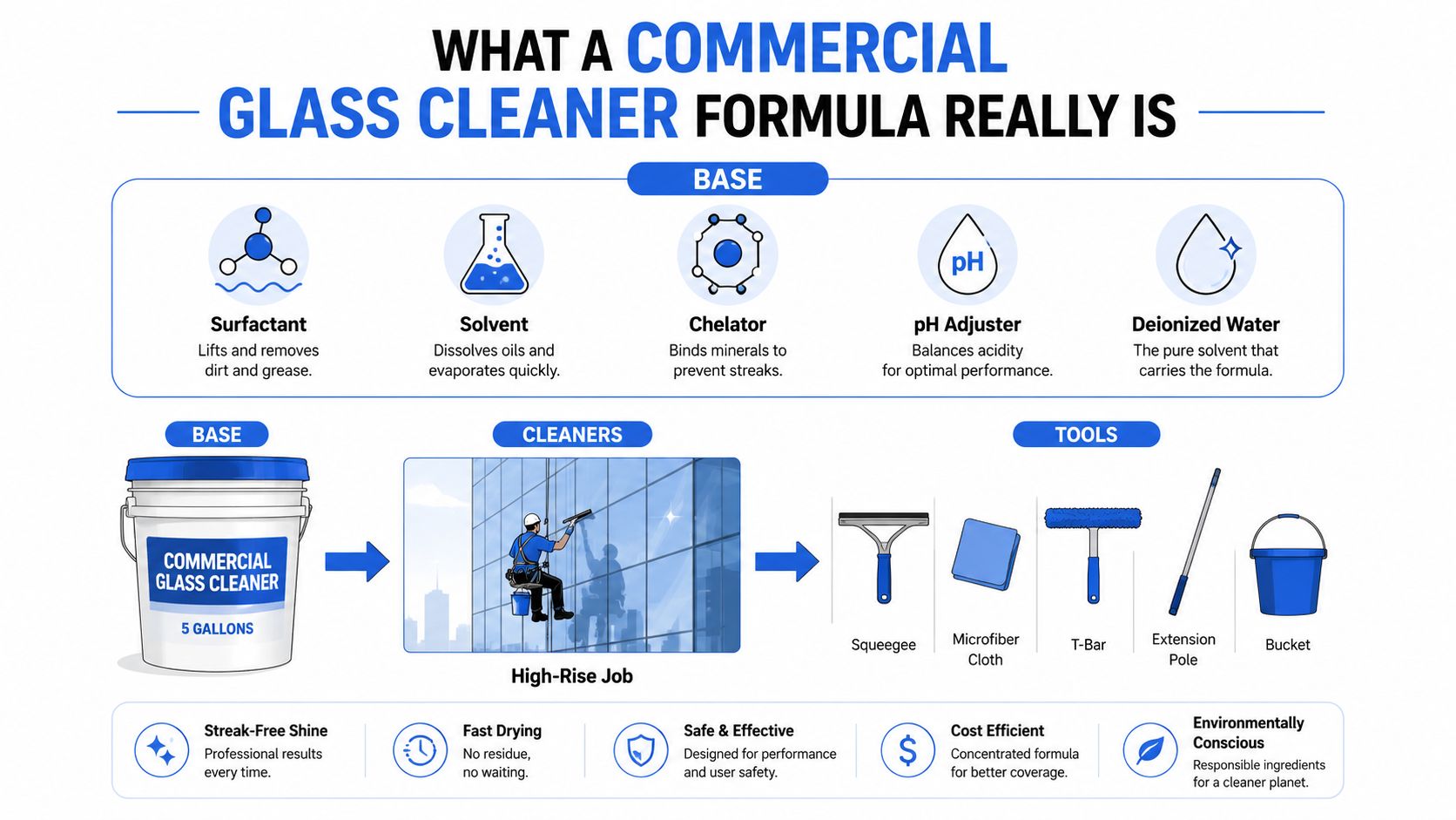An infographic showing the chemical ingredients, application method, necessary tools, and benefits of commercial glass cleaners.