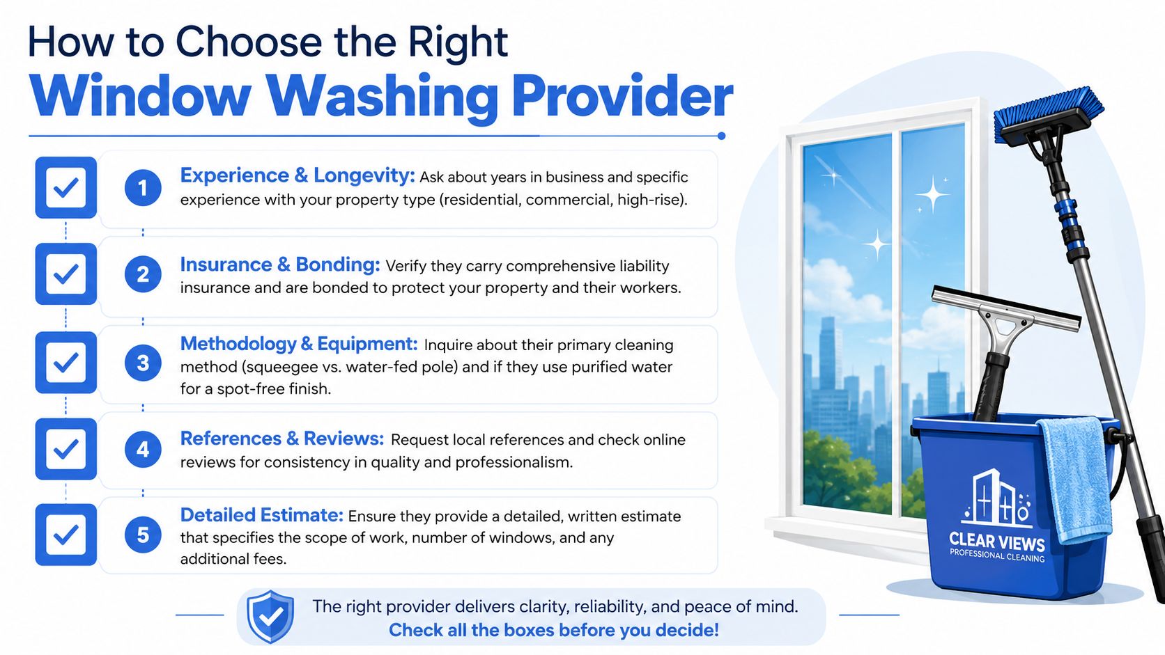 An infographic showing five key steps to choose a professional window washing provider for residential or commercial properties.