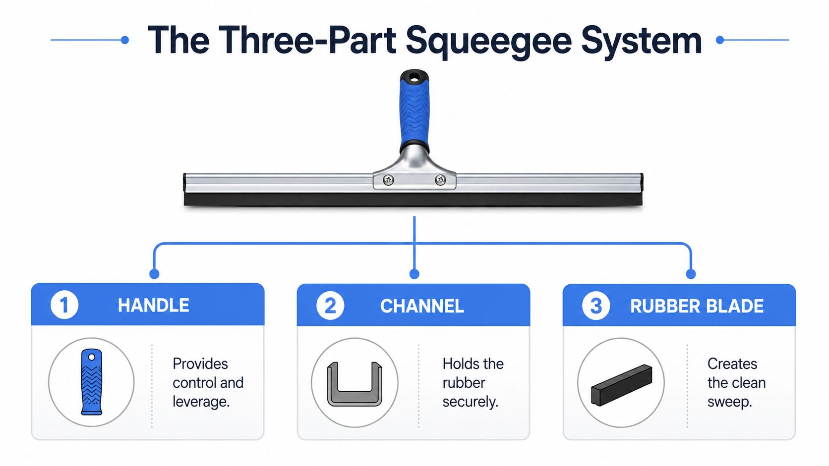 A diagram of a window cleaning squeegee explaining its three components: handle, channel, and rubber blade.