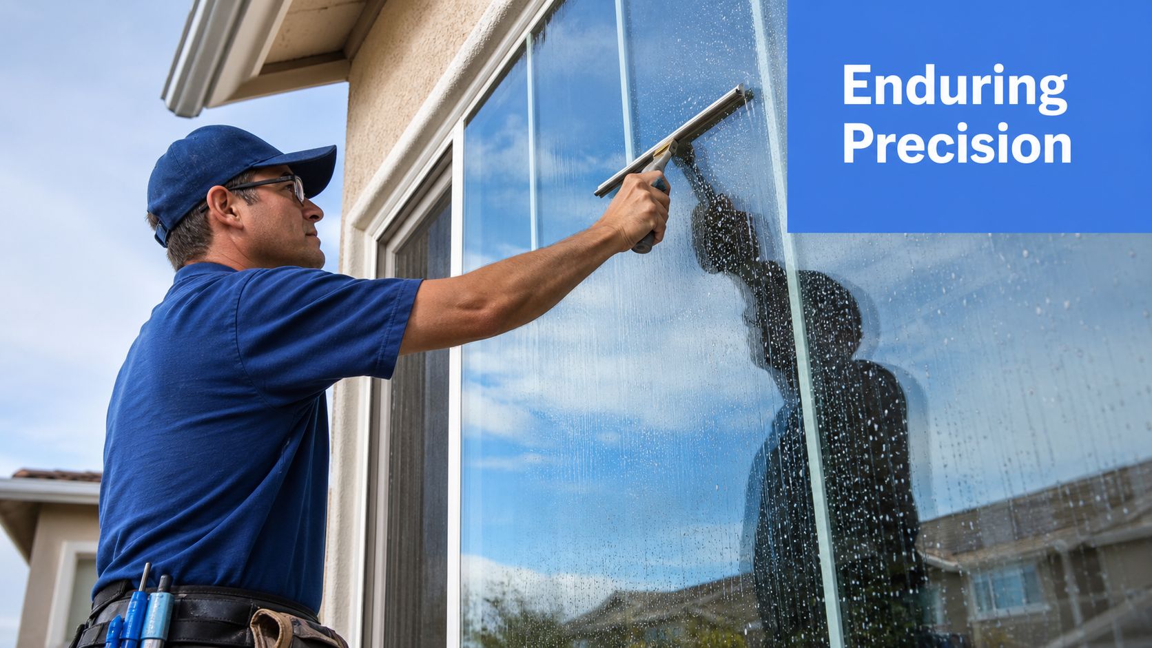 A professional window cleaner wearing a blue uniform and hat using a squeegee to clean a window.