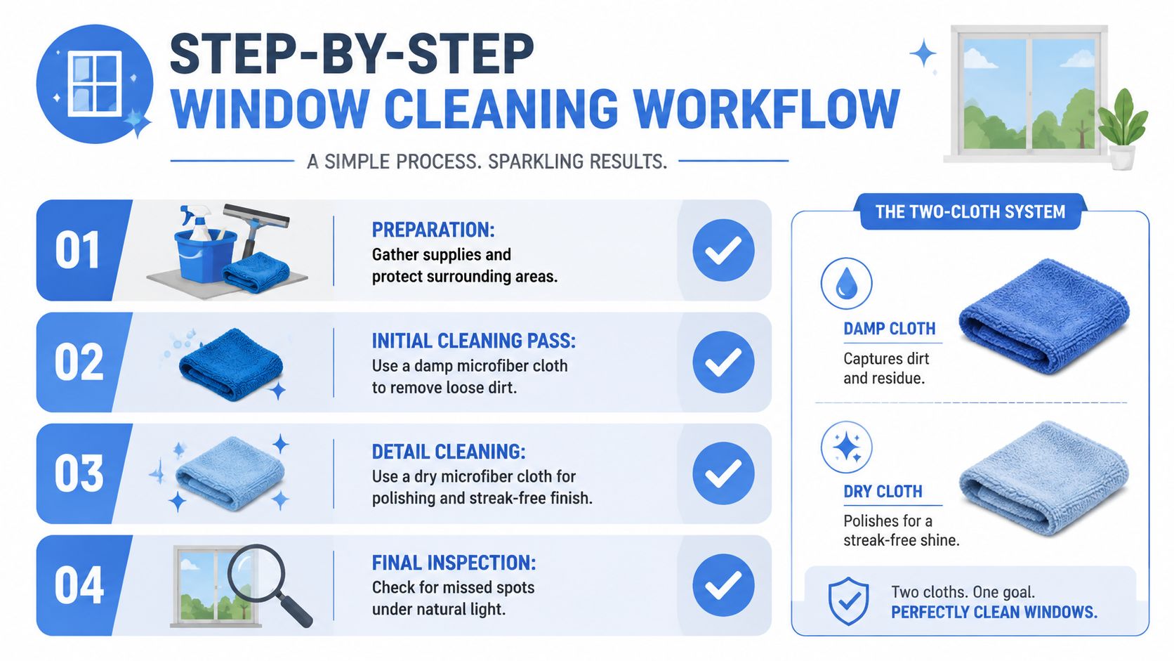 An infographic showing a four-step window cleaning workflow using microfiber cloths for a sparkling finish.