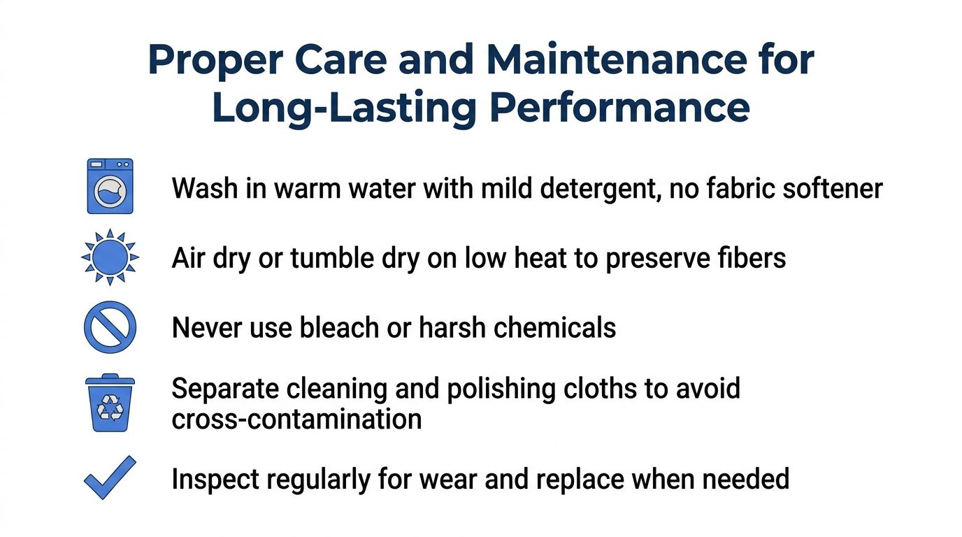 An infographic detailing five maintenance tips for cleaning cloths, including washing, drying, and inspection guidelines.