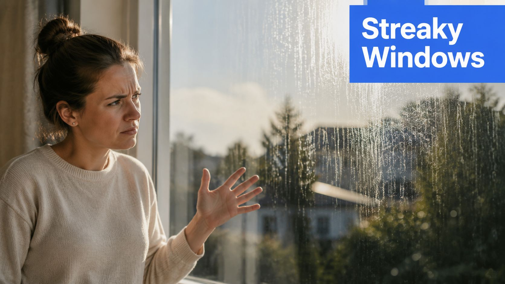 A woman looks concerned at her dirty, streaky window while pointing at the glass.
