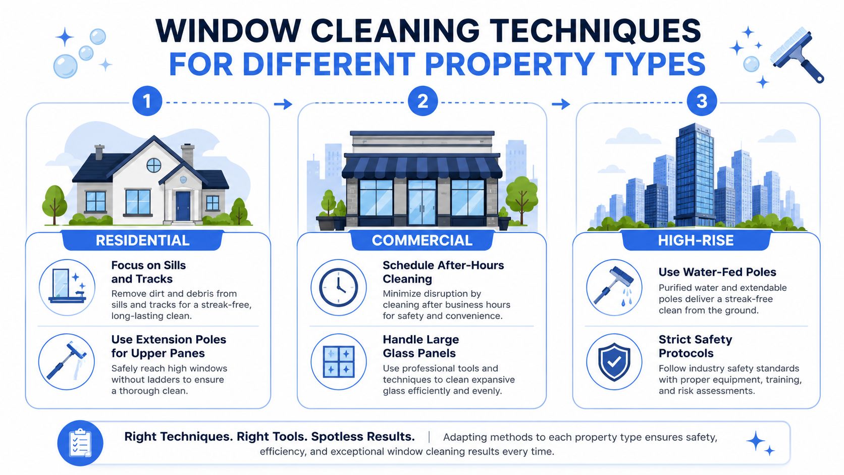 An infographic detailing professional window cleaning techniques for residential, commercial, and high-rise property types.