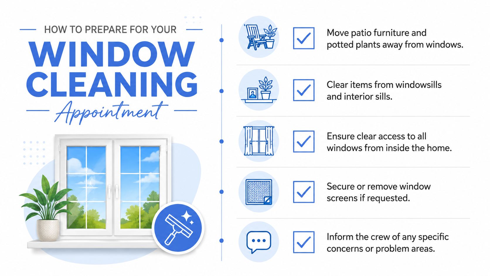 A checklist infographic providing tips to prepare a home for a professional window cleaning appointment.