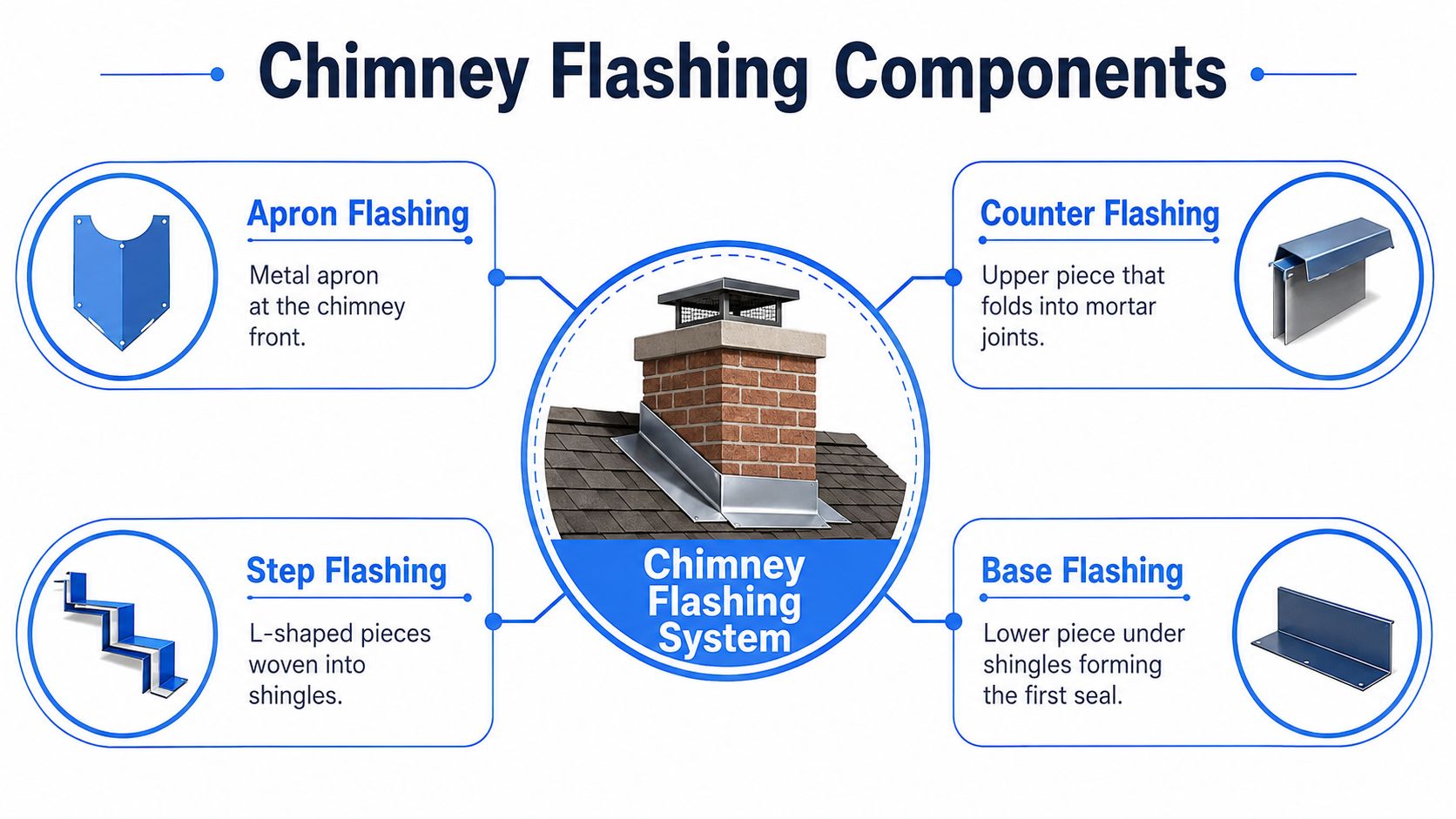 A diagram illustrating the essential components of a chimney flashing system including apron, counter, step, and base flashing.