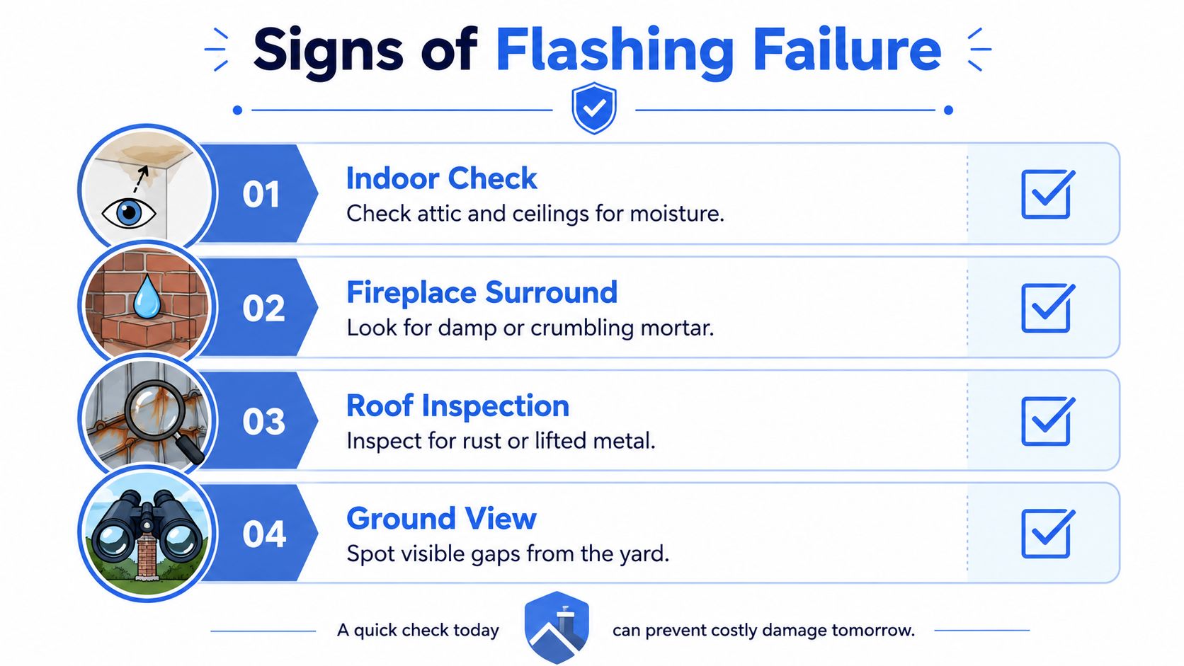 An infographic detailing four key visual signs of chimney flashing failure, including water damage and roof gaps.