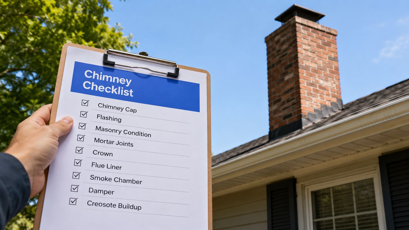 A hand holds a checklist evaluating various chimney components in front of a brick chimney on a house.