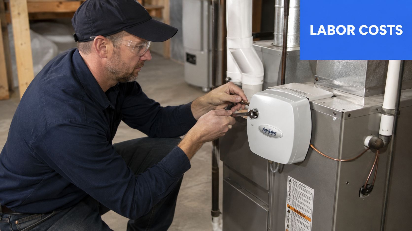 A professional HVAC technician installing an Aprilaire humidifier unit onto a residential furnace system in a basement.