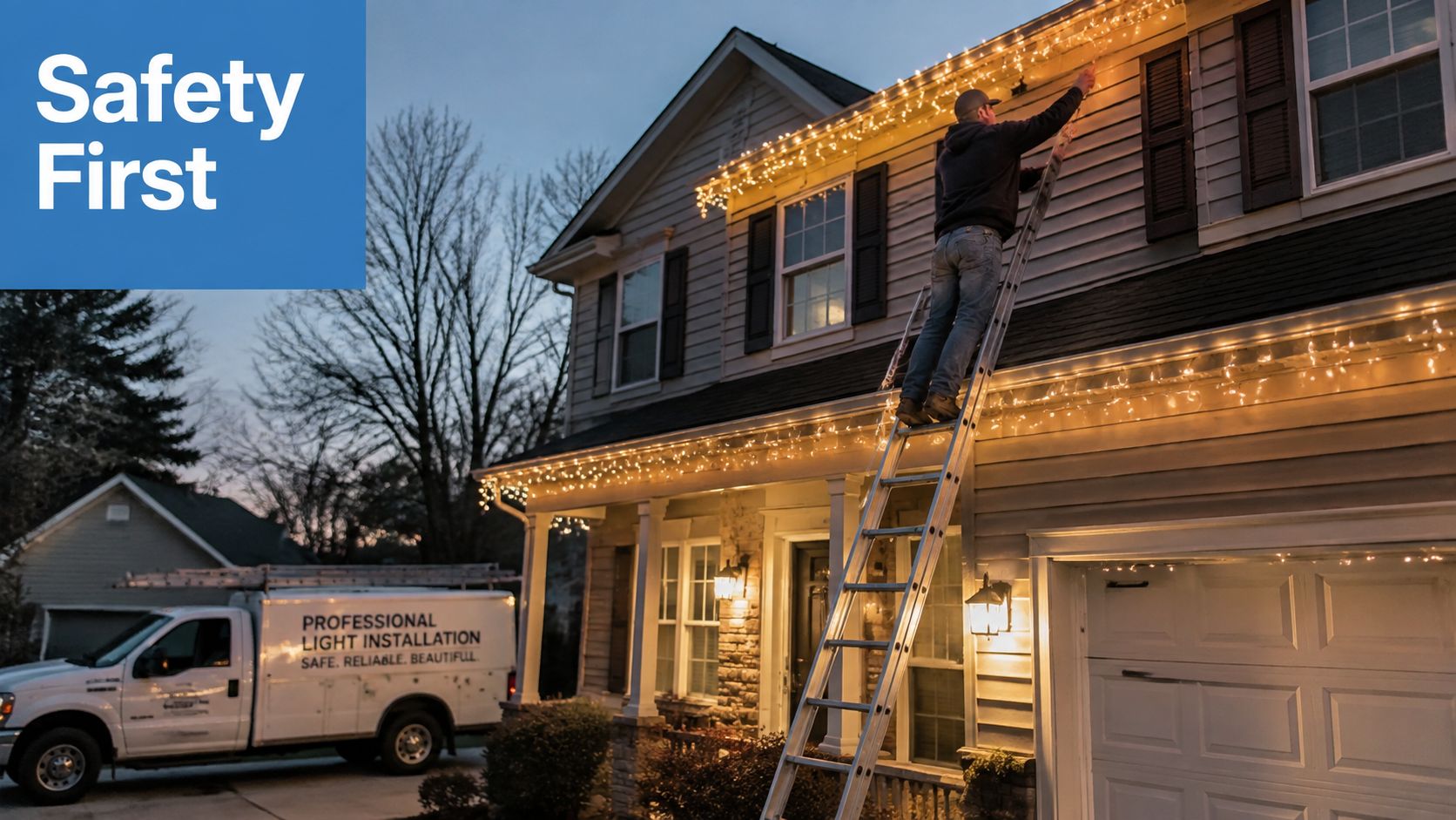 A professional technician using a tall ladder to install holiday string lights on a residential home roofline.