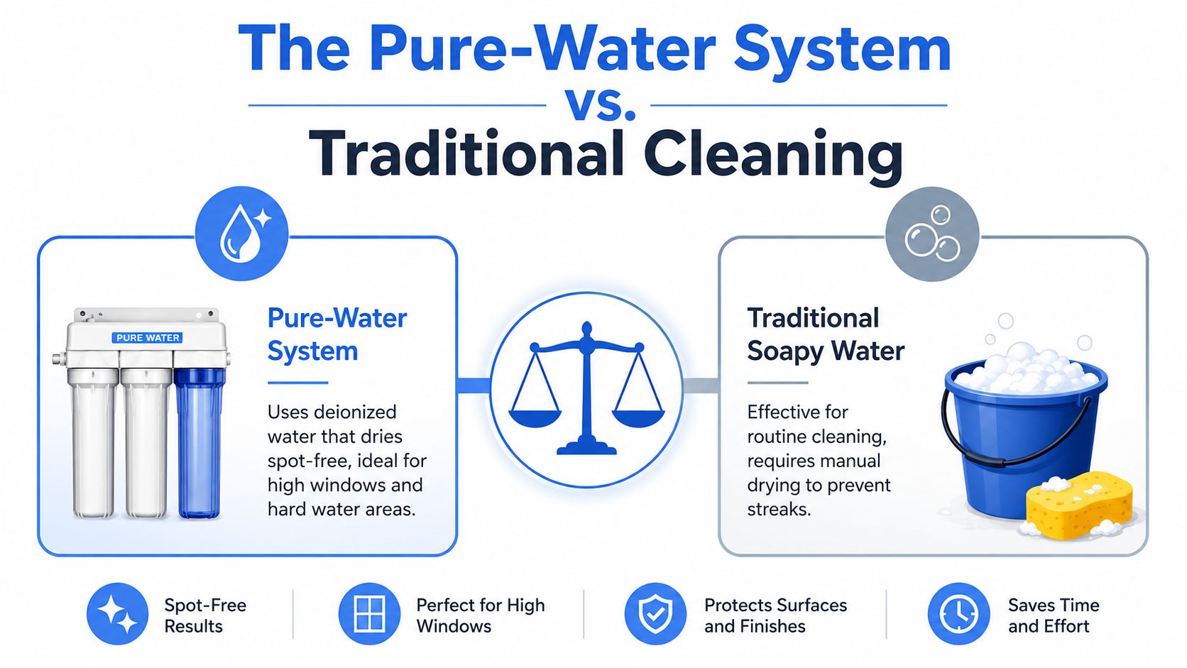 A comparison infographic between a deionized pure-water cleaning system and traditional bucket-and-soap cleaning for window washing.