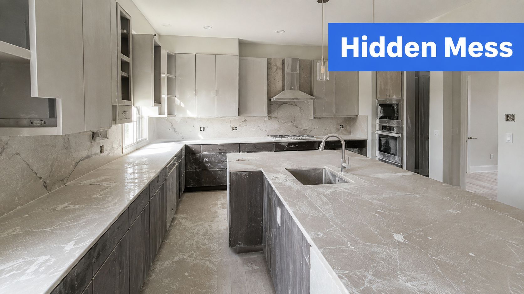 A modern kitchen undergoing construction with unfinished cabinets and marble countertops, labeled with a hidden mess sign.