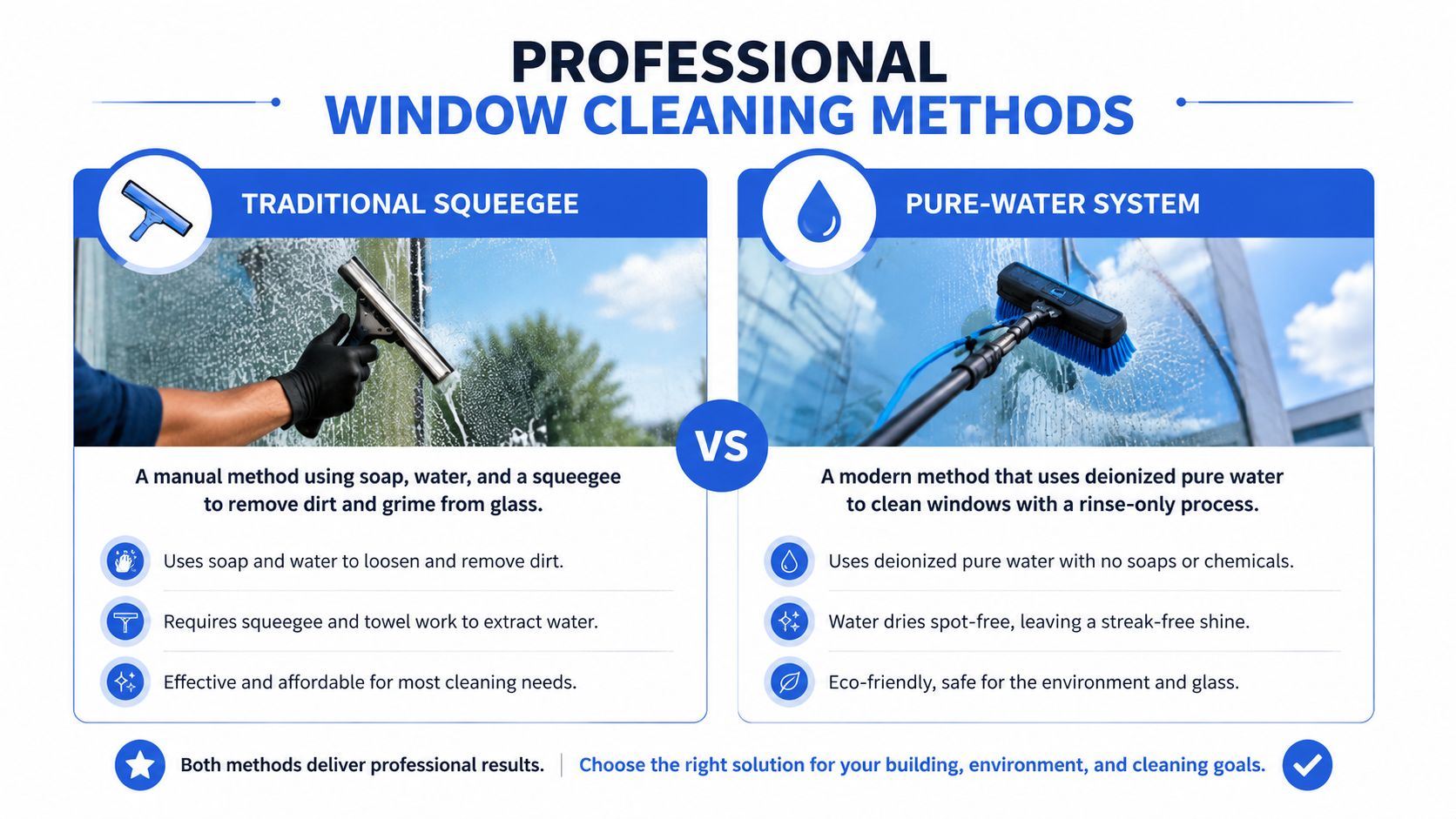 A comparison chart showing the differences between traditional squeegee and pure-water system window cleaning methods.