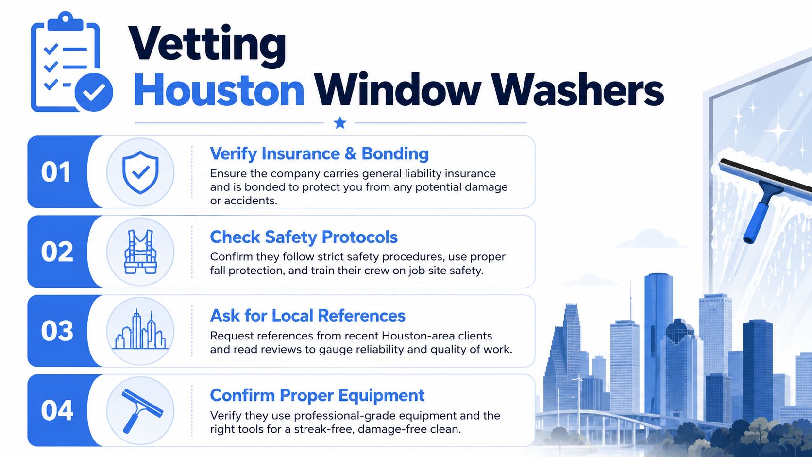 An infographic titled Vetting Houston Window Washers, providing a four-step guide for hiring professional cleaning services.