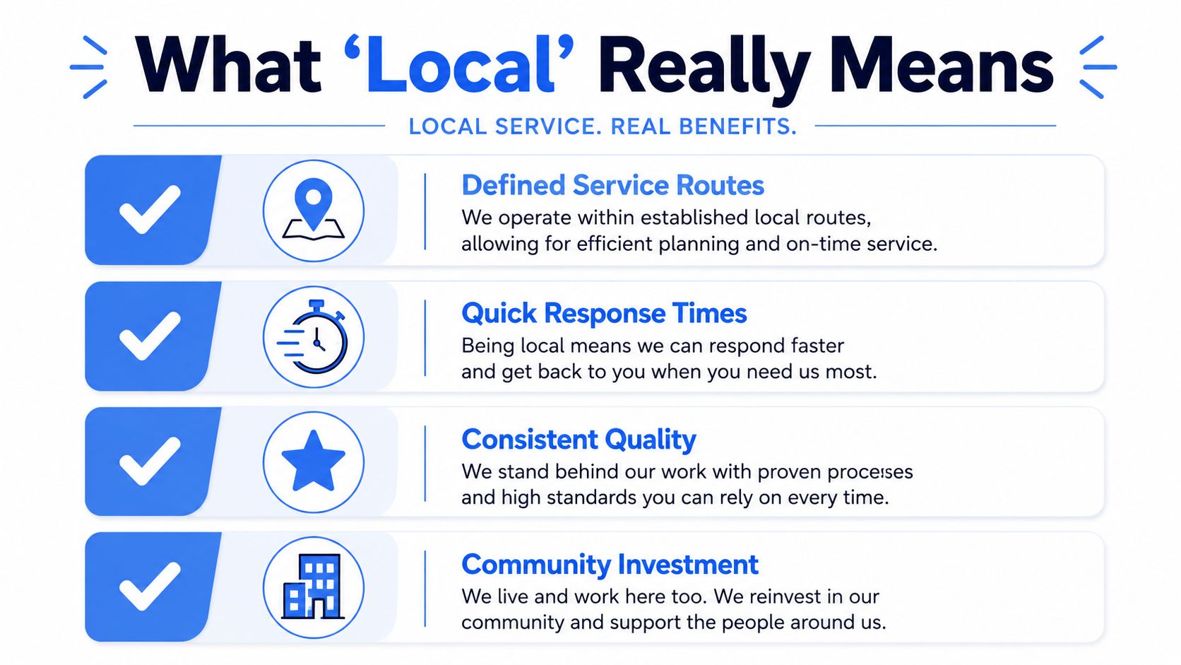 An infographic titled What Local Really Means explaining benefits of local service like routes and community investment.