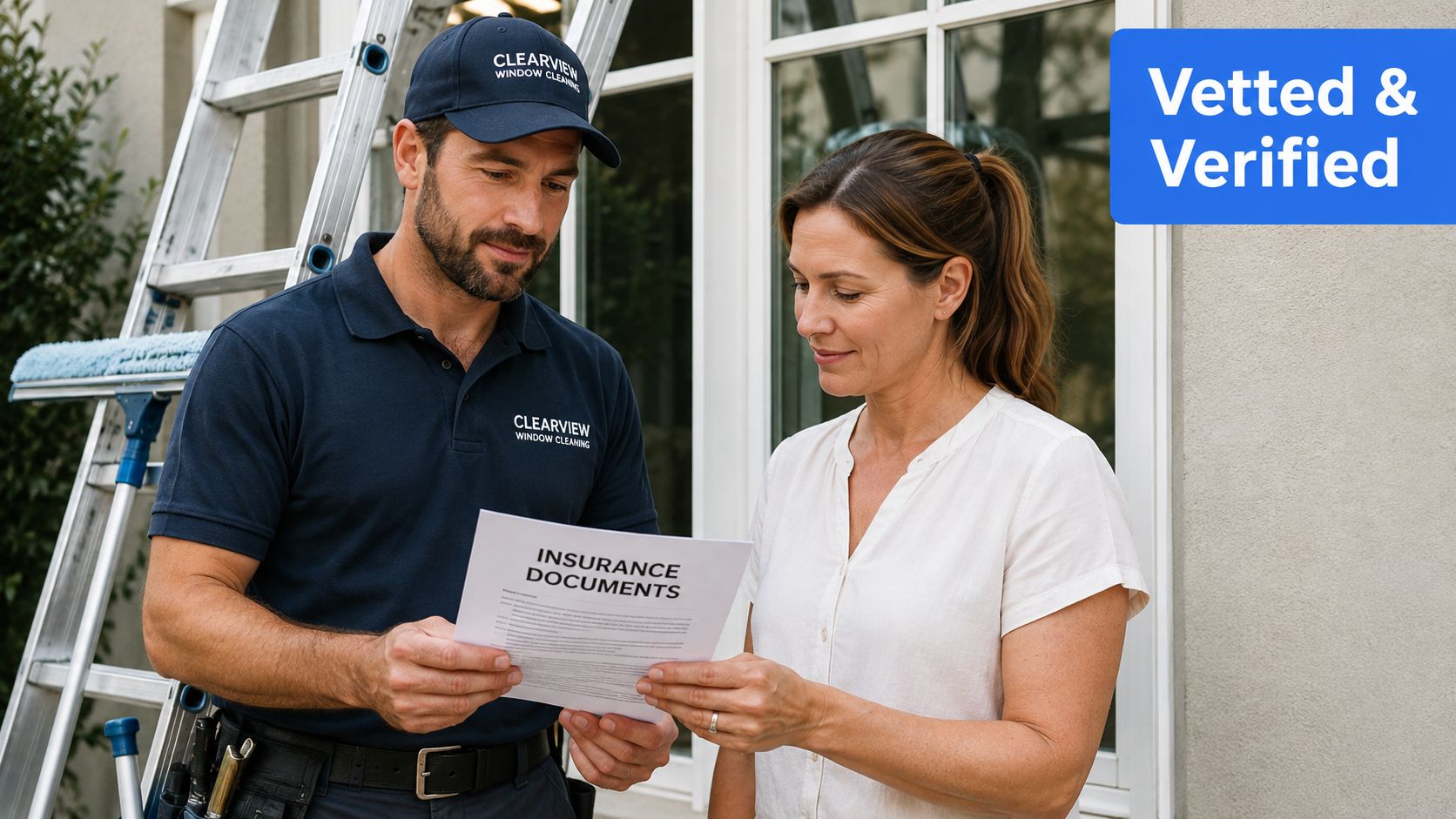 A professional window cleaner showing insurance documents to a homeowner standing in front of a residential house.