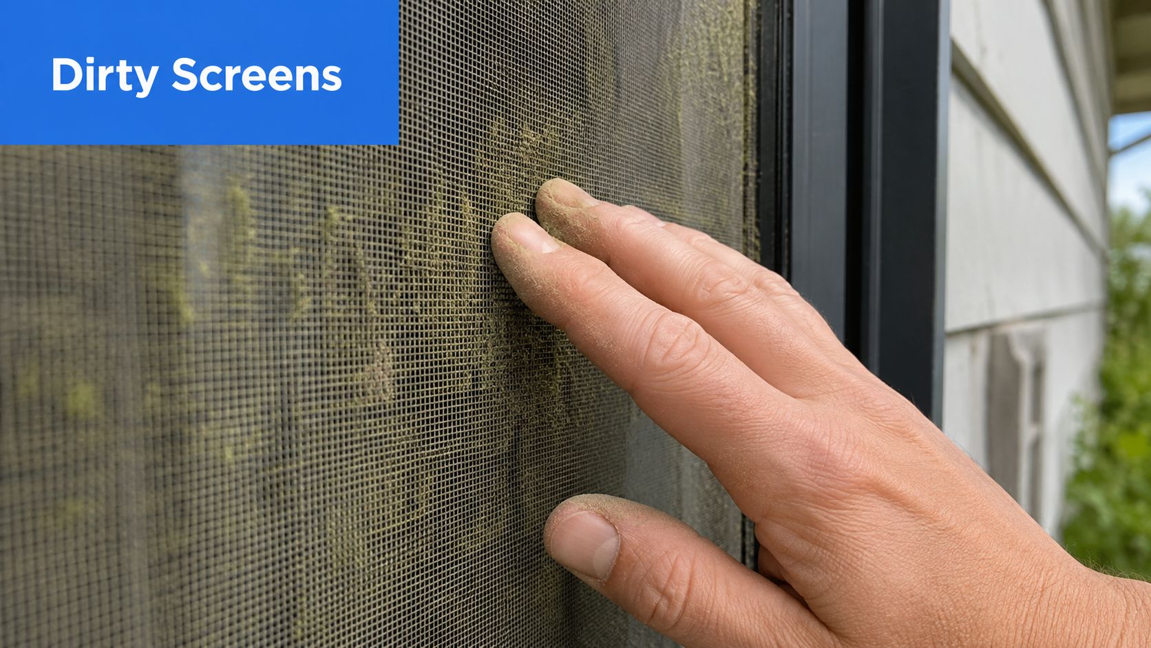 A hand touching a dirty screen covered in dust and pollen outside of a home.