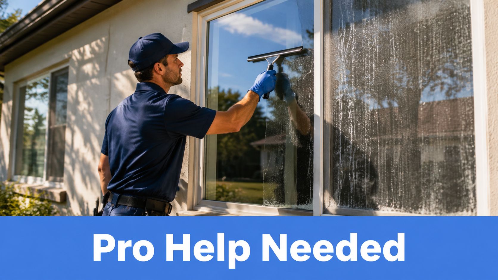 A professional window cleaner wearing a blue uniform and gloves cleaning a dirty window with a squeegee.