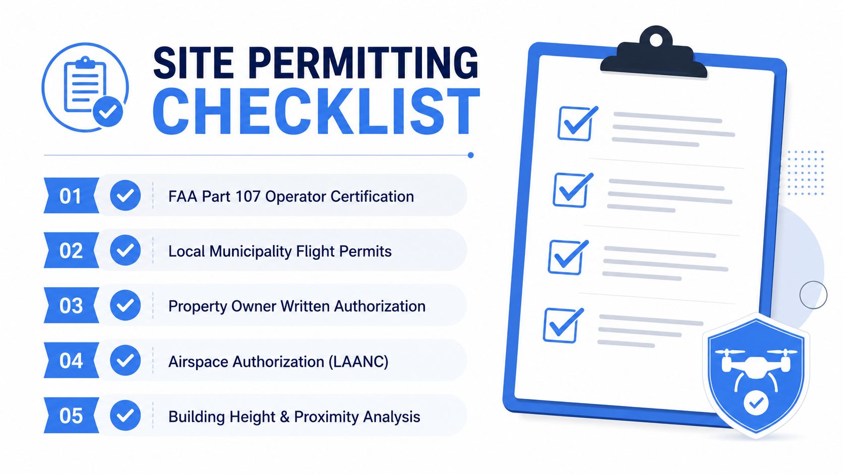 A drone site permitting checklist graphic highlighting five essential requirements for legal commercial drone operations.