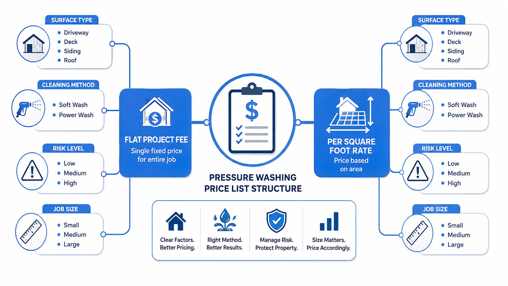 An infographic showing pressure washing pricing structures including flat project fees and per square foot rates.
