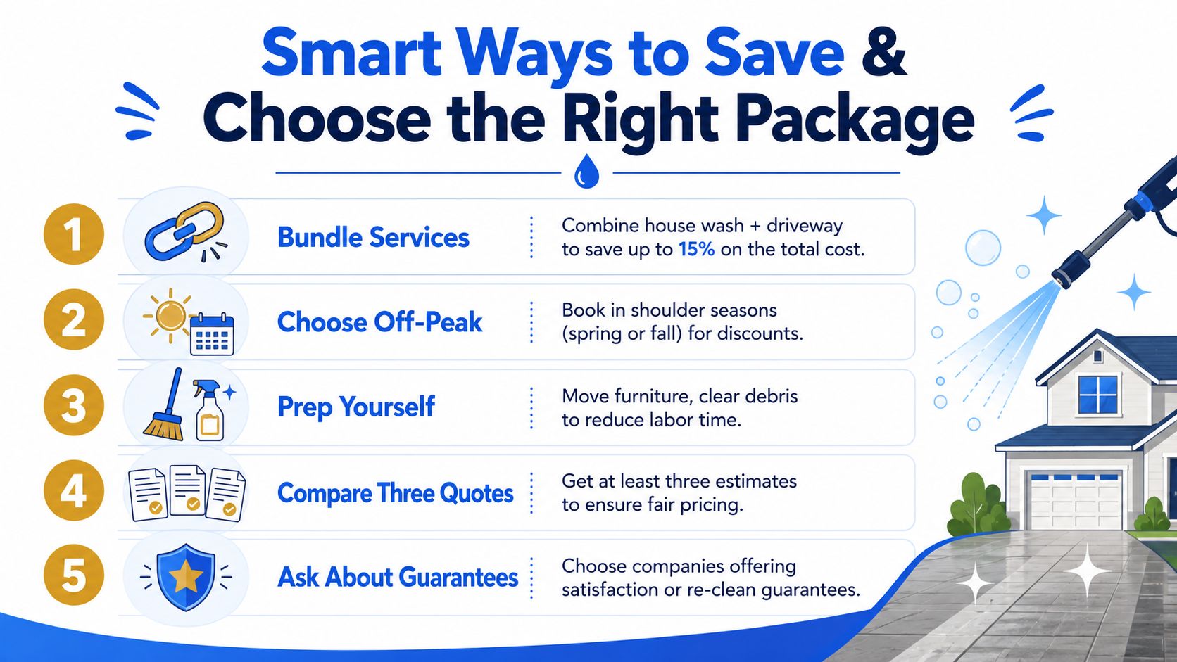 A helpful infographic showing five smart ways to save money when booking professional pressure washing services.