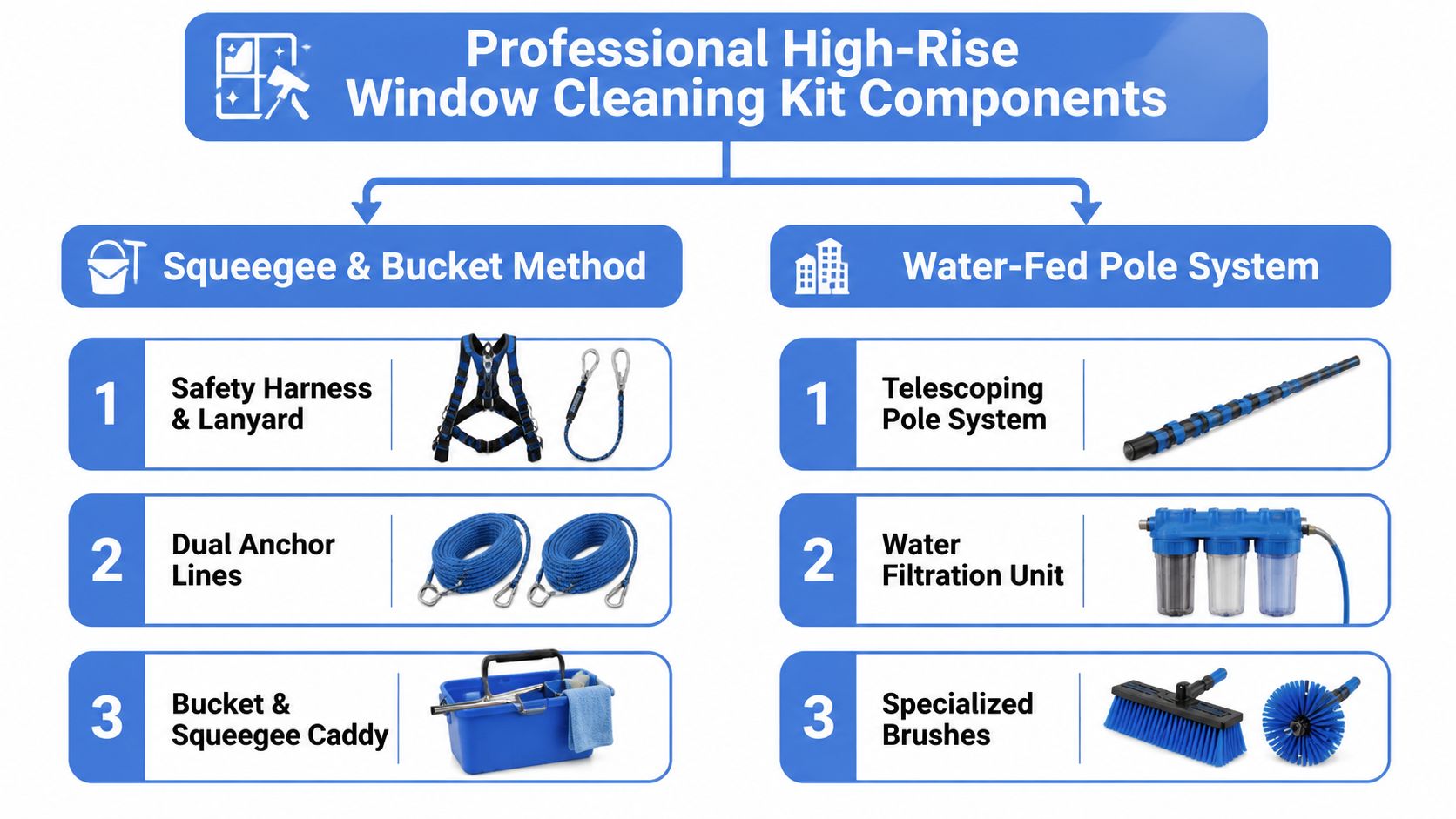 A diagram outlining the components of a high-rise window cleaning kit, including squeegee and water-fed pole systems.