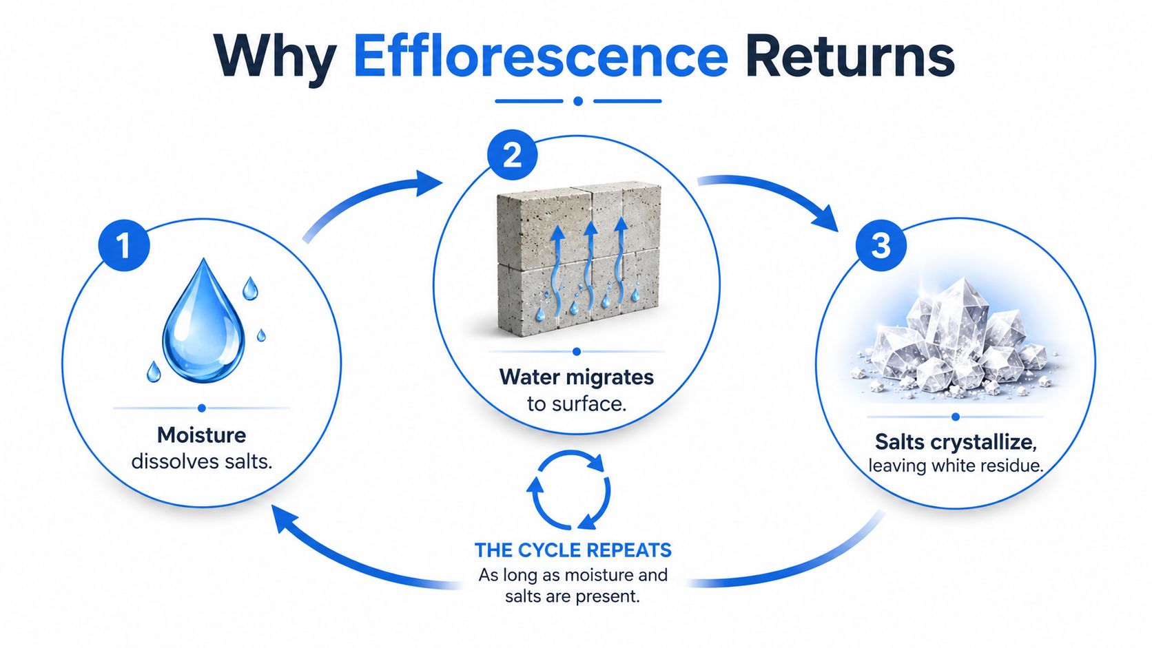 A diagram illustrating the three-step cycle of efflorescence formation on concrete surfaces, explaining how moisture causes salt crystallization.