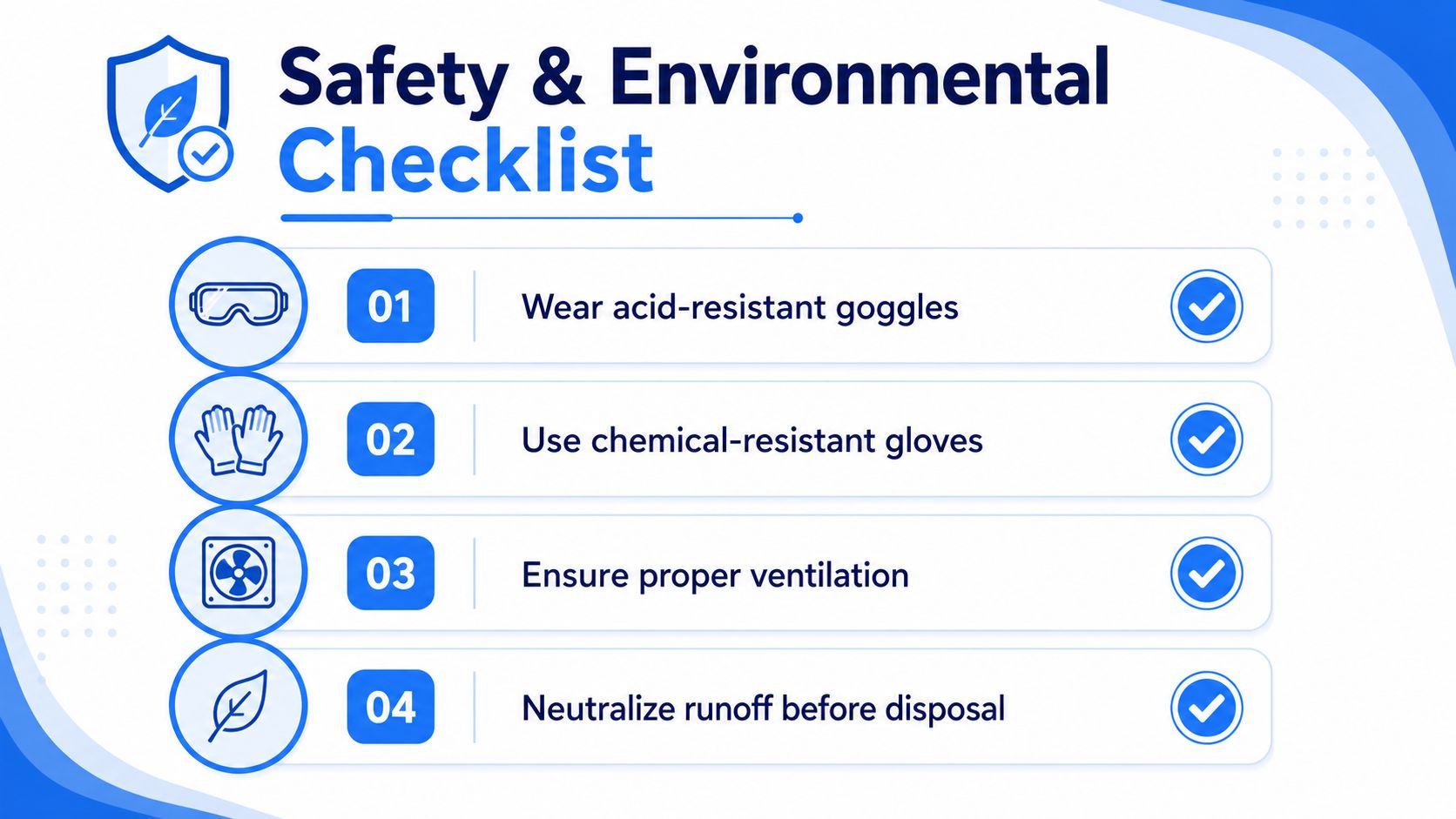 A safety and environmental checklist infographic for handling chemicals, featuring four steps with icons and checkmarks.