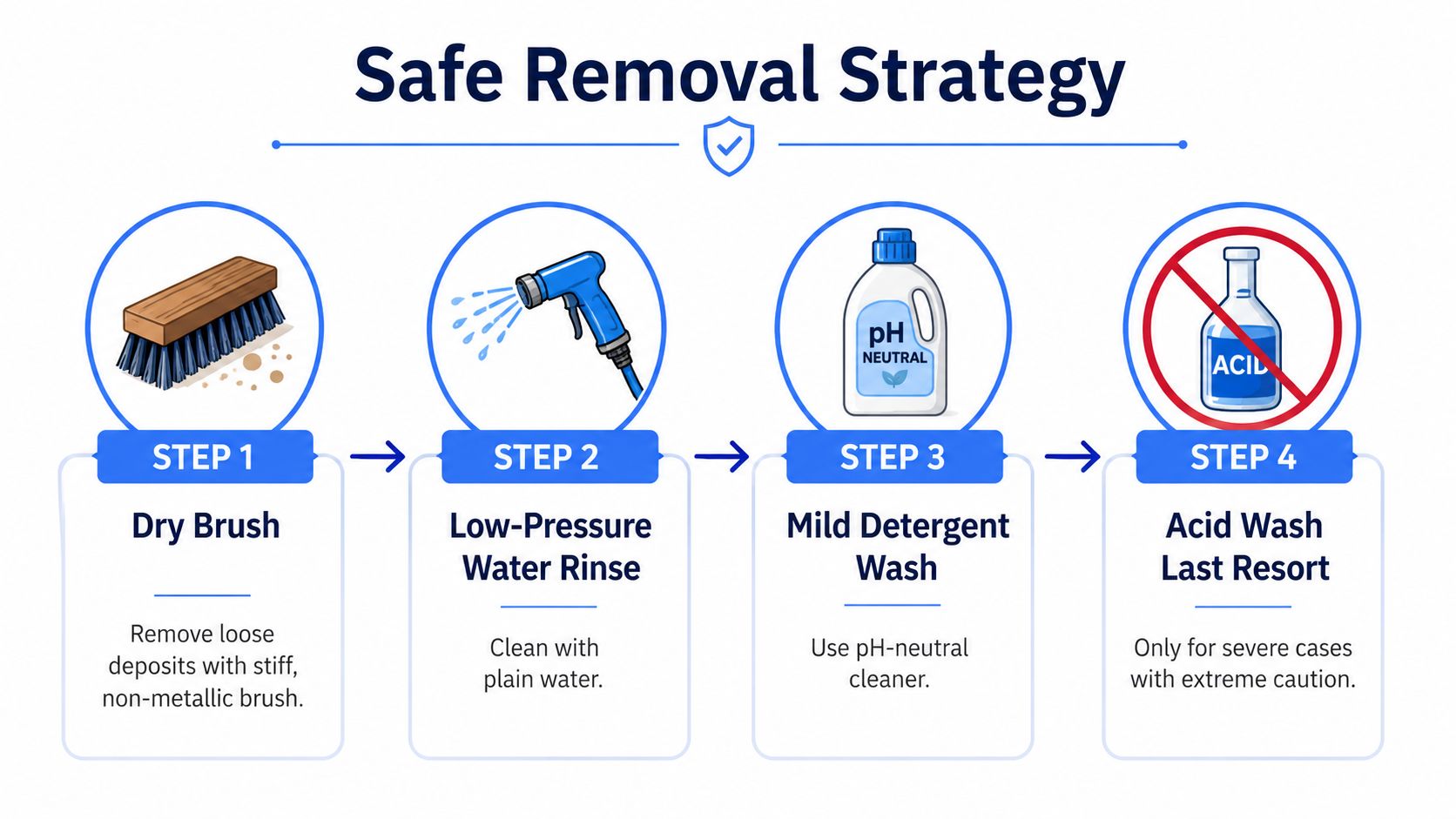 An infographic showing a four-step safe removal strategy for cleaning surfaces, featuring brushing, rinsing, detergent, and avoiding acid.