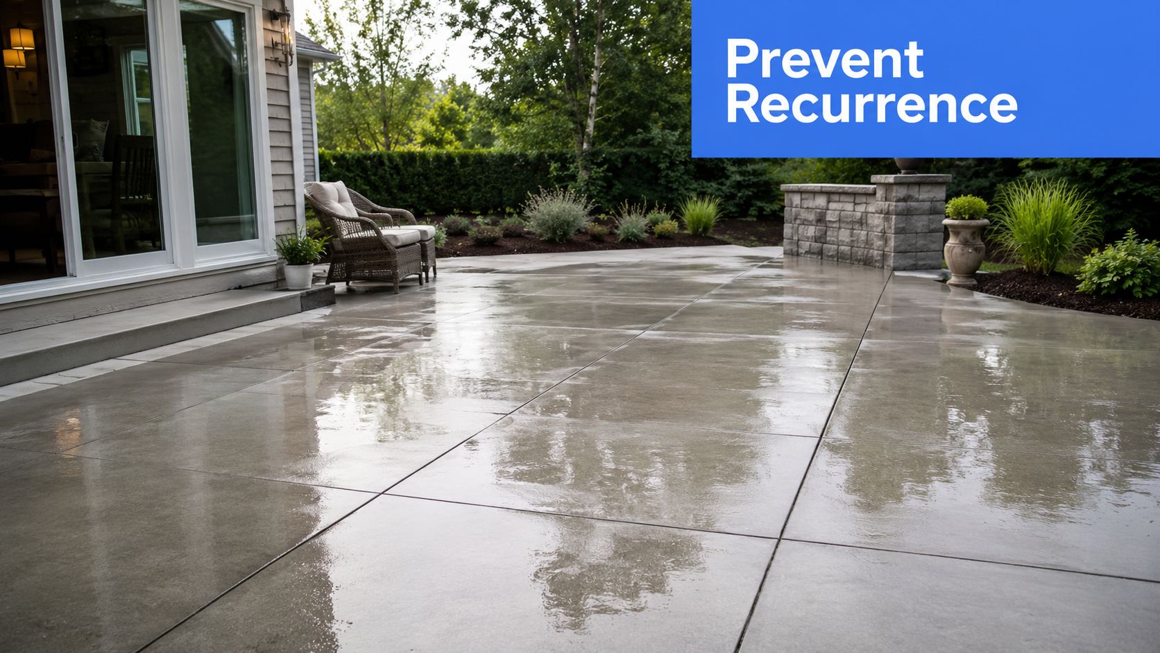 A clean, wet concrete patio surface extending from a modern house exterior with greenery in the background.